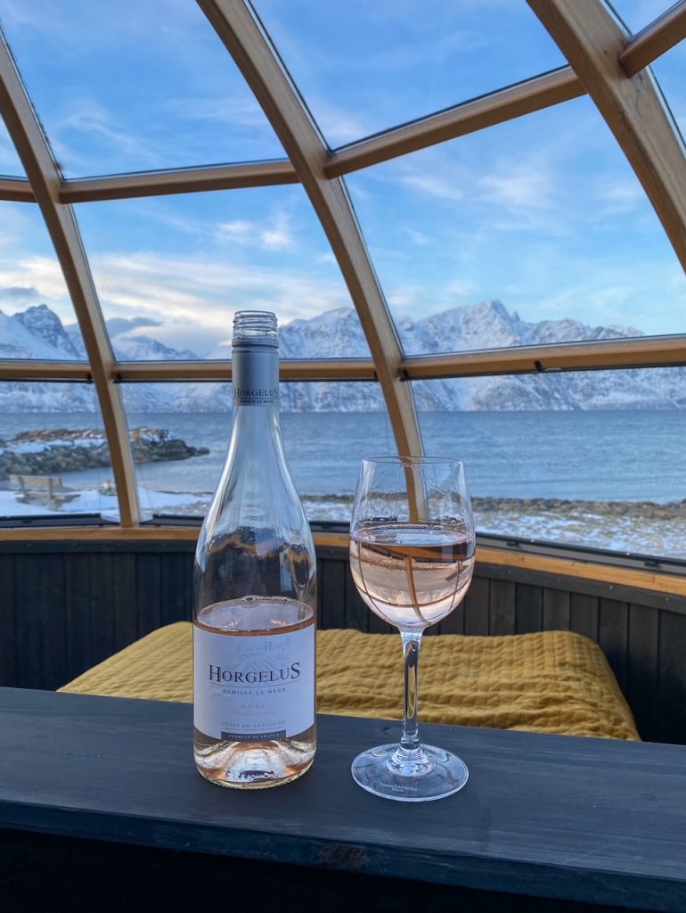 drinking rose inside the 360 degree glass igloo at Lyngen North Igloo Hotel