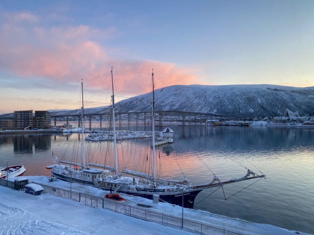 a dreamy sunset overlooking Tromsø  Bridge in Tromsø, Norway