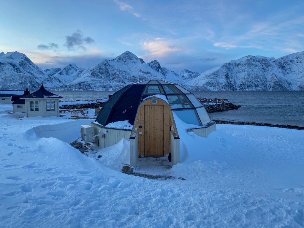 360 igloo in front of the Lyngen Alps at Lyngen North Igloo Hotel