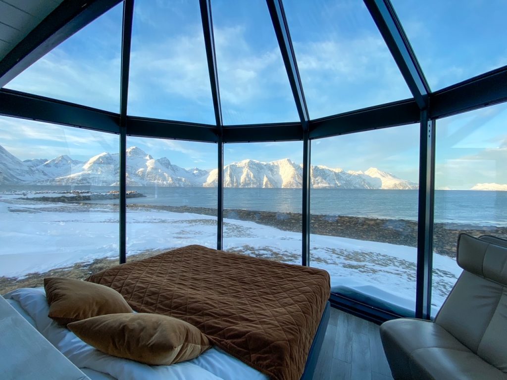 the view from inside the 180 degree glass igloo at Lyngen North Igloo Hotel