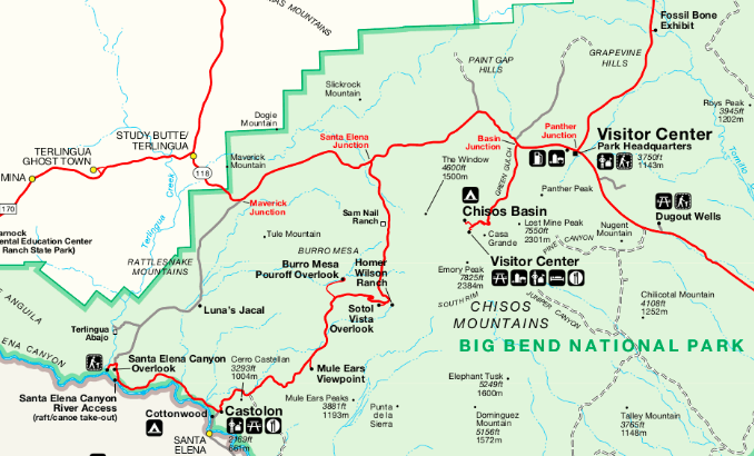 a map of the Chisos Mountains area in Big Bend National Park, Texas