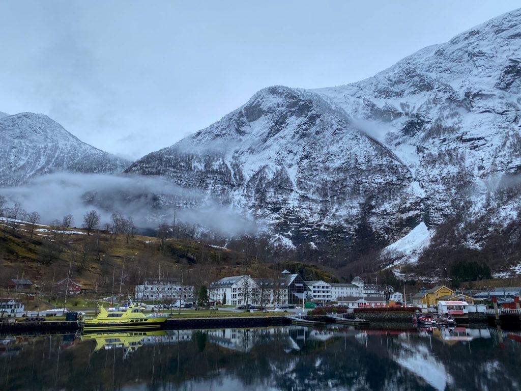 a view of Flam and the Fretheim Hotel from our fjord cruise