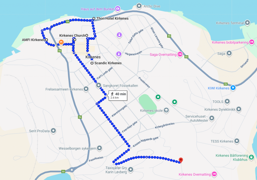 Map of Kirkenes, Norway showing walking route through town and main landmarks