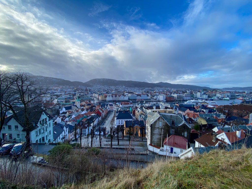 an incredible view from one of the Fløibanen stations on Mount Fløyen