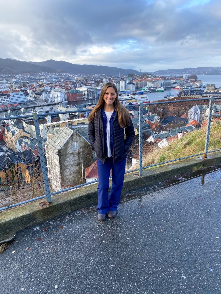 Sara wearing her winter weather gear on the Mount Fløyen trail in Bergen, Norway