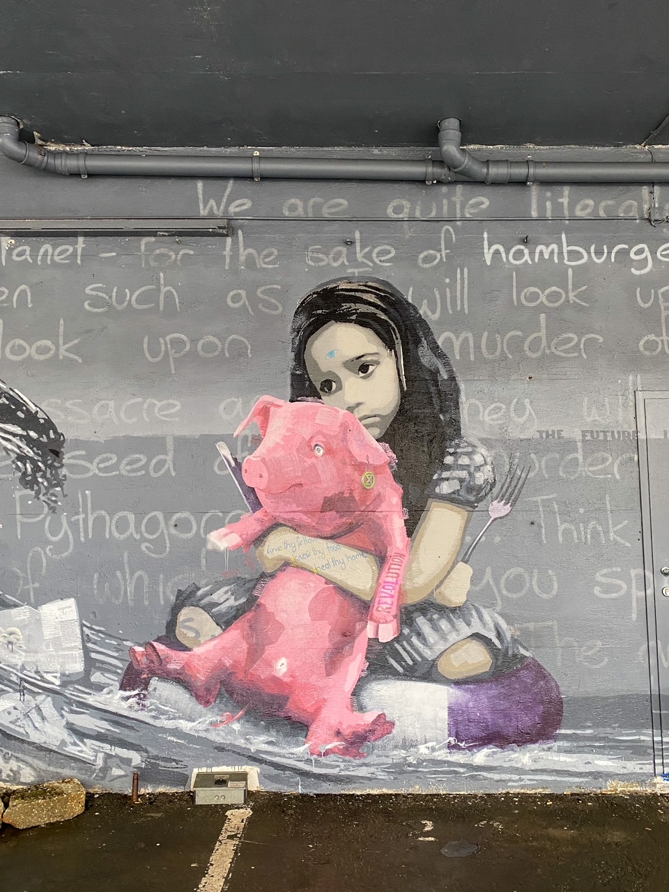 girl with a pig street art in Bergen