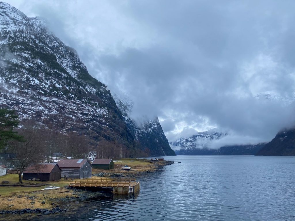 an old, charming fjord-side village on the way from Gudvangen to Flåm