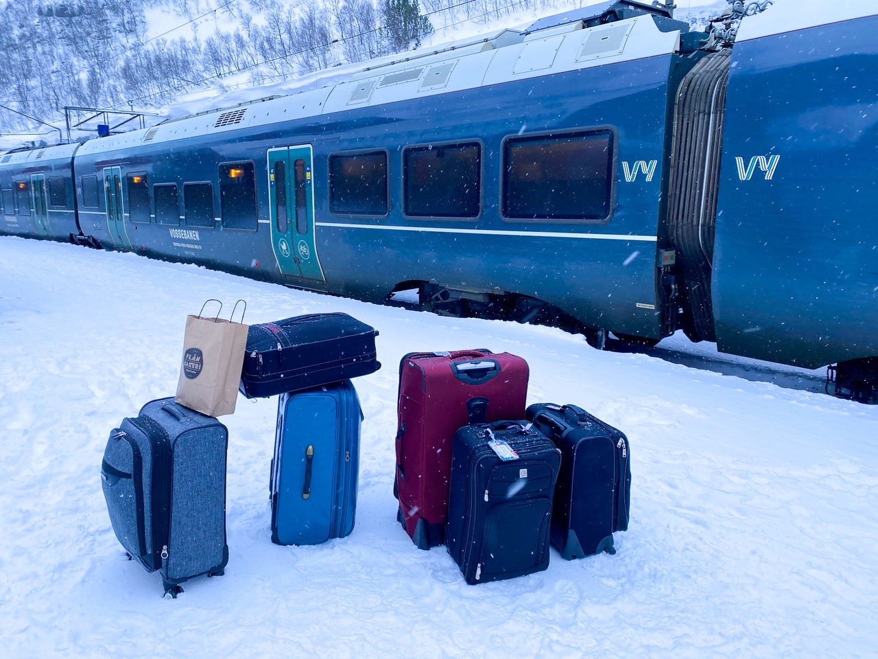 all of our luggage in the snow in Myrdal, Norway waiting to board the train back to Oslo, Norway