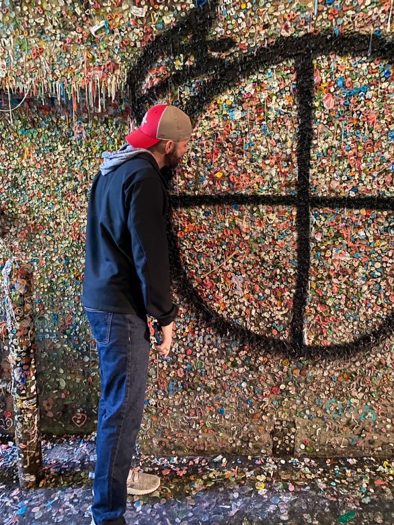 Tim goofing off at the Seattle Gum Wall