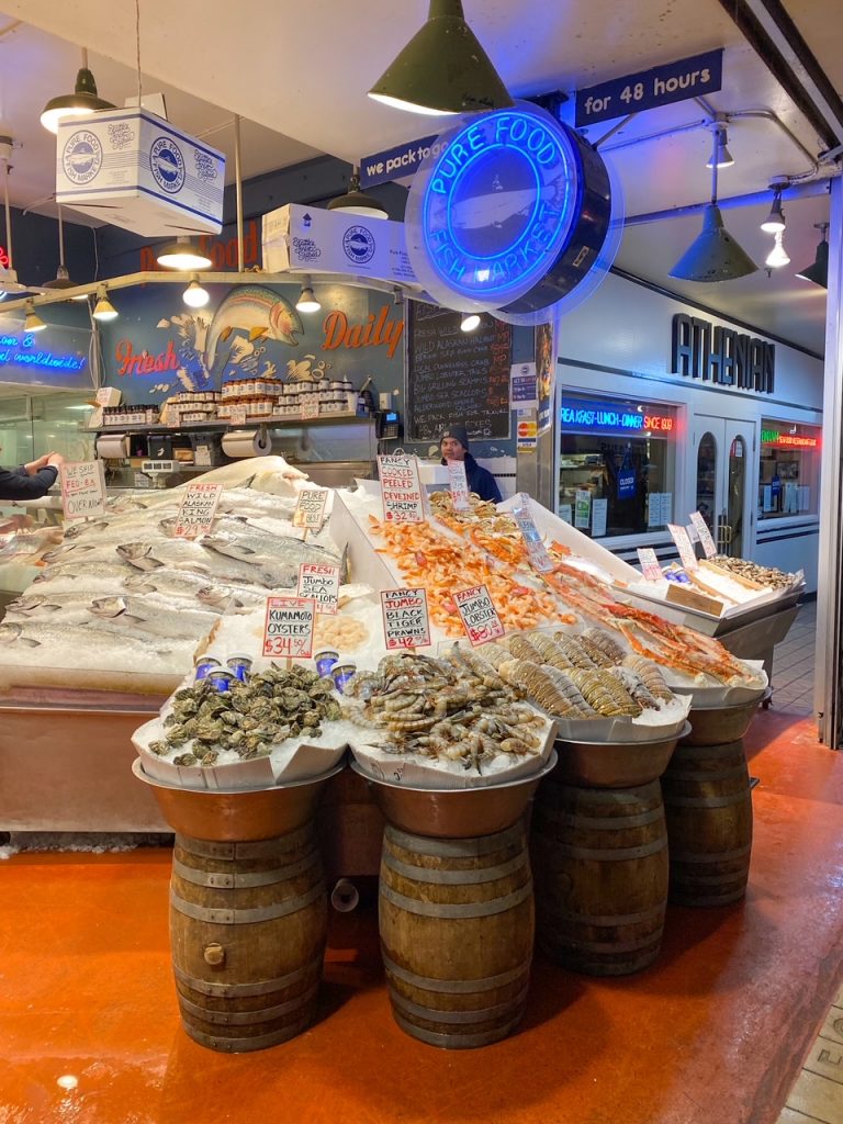 a seafood vendor at Pike Place Market