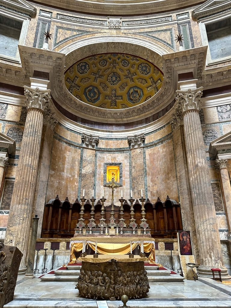 the high altar and gold and blue mosaic inside the Pantheon, i.e. the Basilica of Holy Mary of the Martyrs