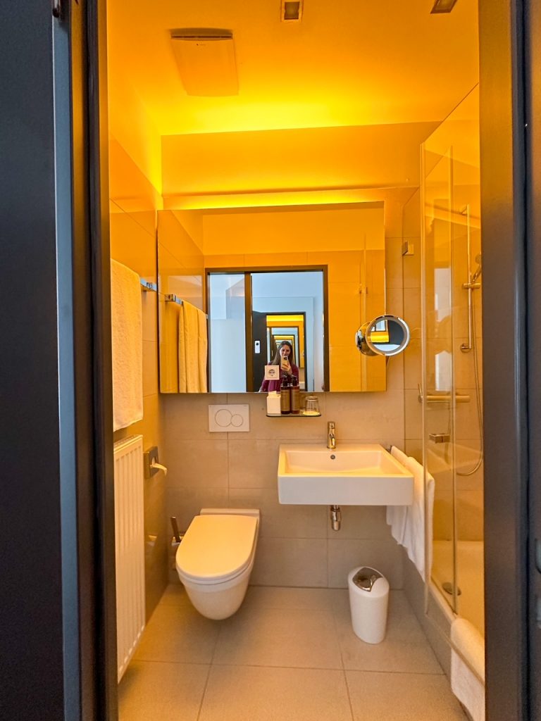 bathroom in our room at The Pure, a Member of Design Hotels, in Frankfurt, Germany