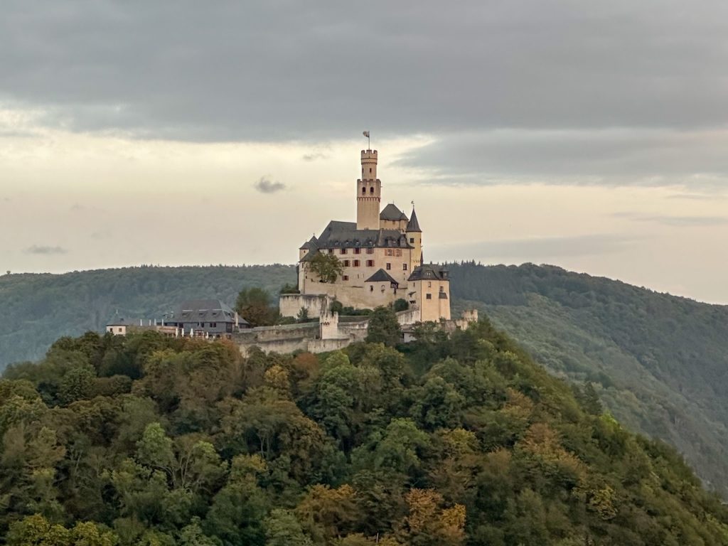 Marksburg Castle as seen from Kerkertser Platte in Braubach, Germany