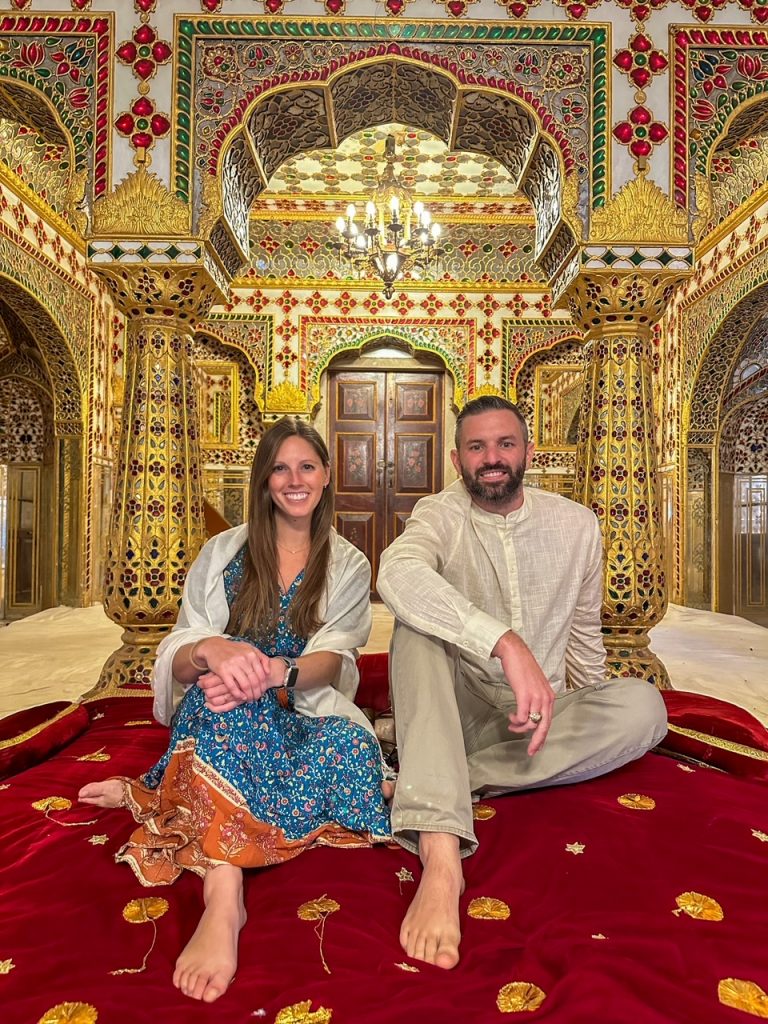 Sara & Tim at Sobha Niwas at Jaipur City Palace, one of the top things to do in Jaipur and on a Golden Triangle tour