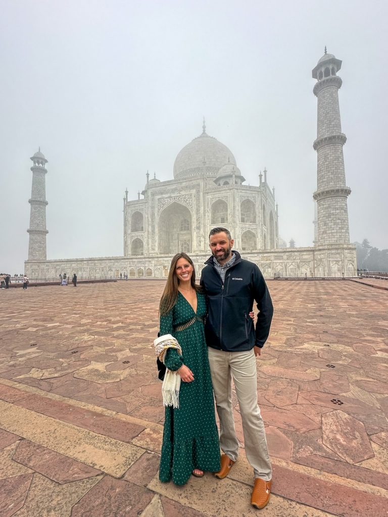 Sara & Tim at the infamous Taj Mahal, the most popular stop on any Golden Triangle tour
