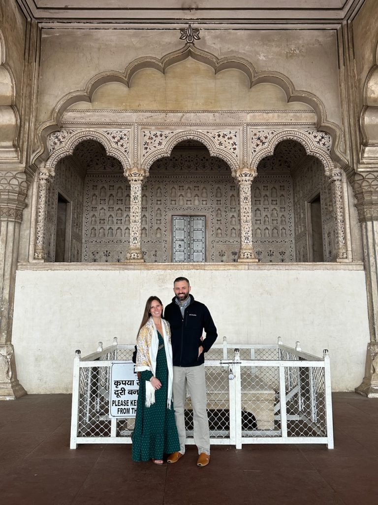 Sara & Tim in a courtyard at Agra Fort