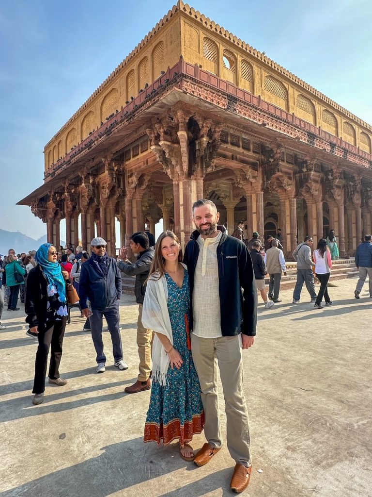 Sara & Tim in front of Diwan-i-Aam at Amer Fort in Jaipur