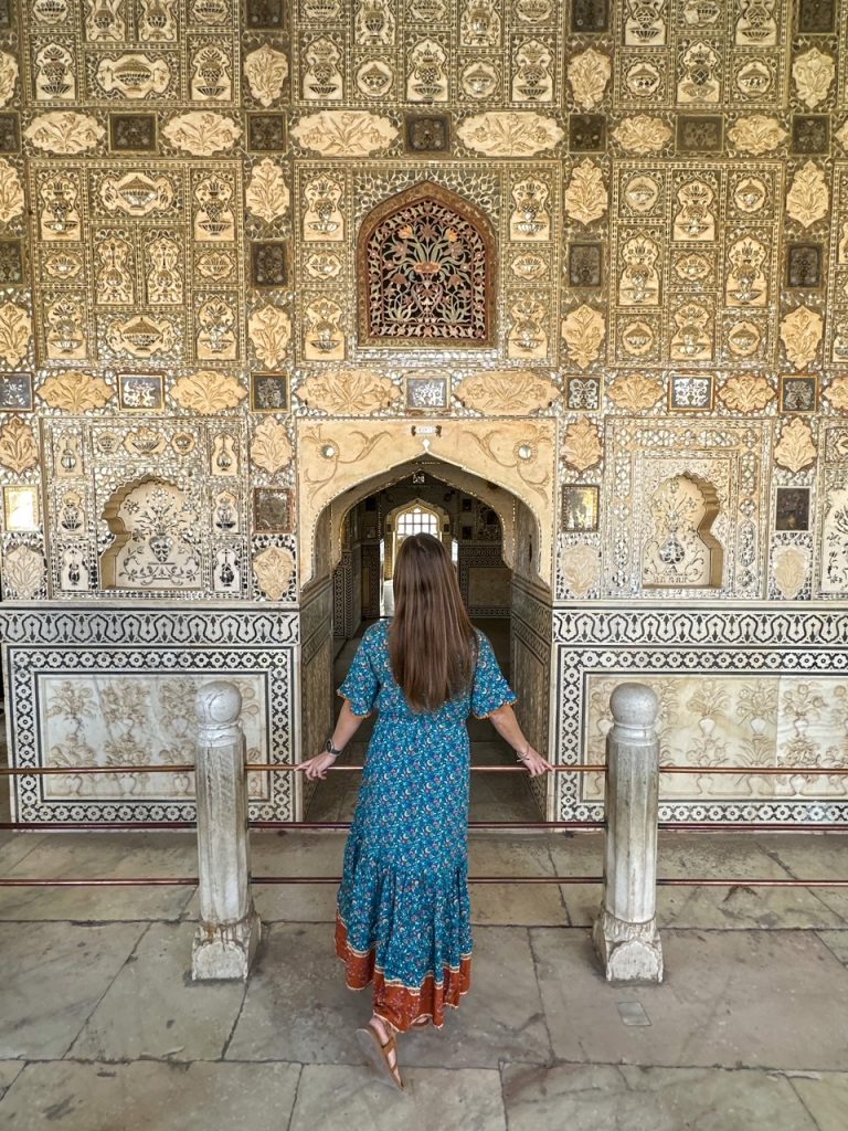 Sara admiring the Sheesh Mahal at Amber Fort in Jaipur
