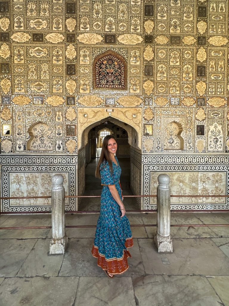 Sara in front of the Mirror Palace at Amer Fort