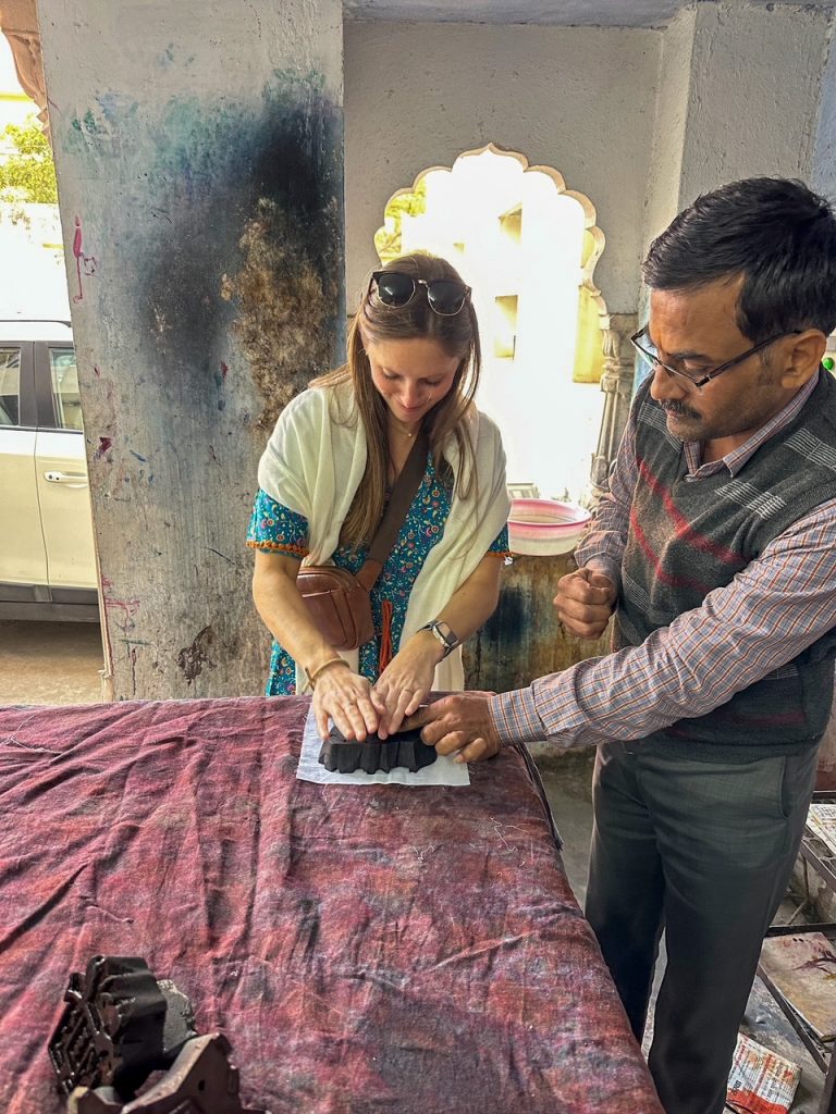 Sara practicing block printing in Jaipur