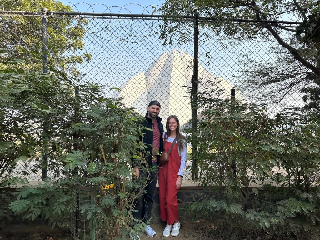 Tim & Sara outside the gate at the Lotus Temple in Delhi