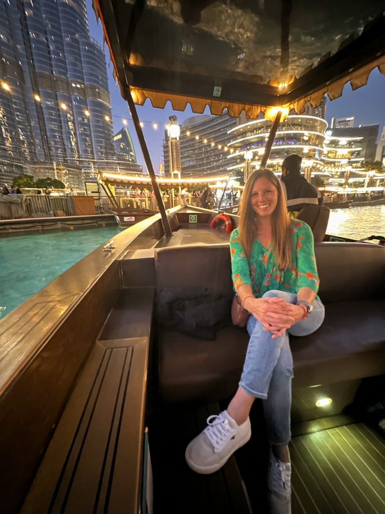 Sara on the Burj Lake boat ride in Dubai