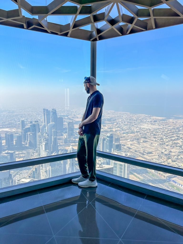 Tim admiring the view of Dubai from At The Top Burj Khalifa