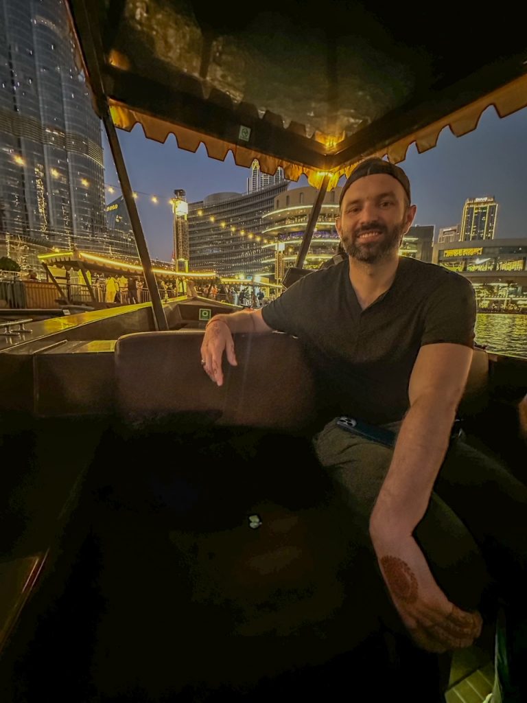 Tim on the Burj Lake boat ride in Dubai
