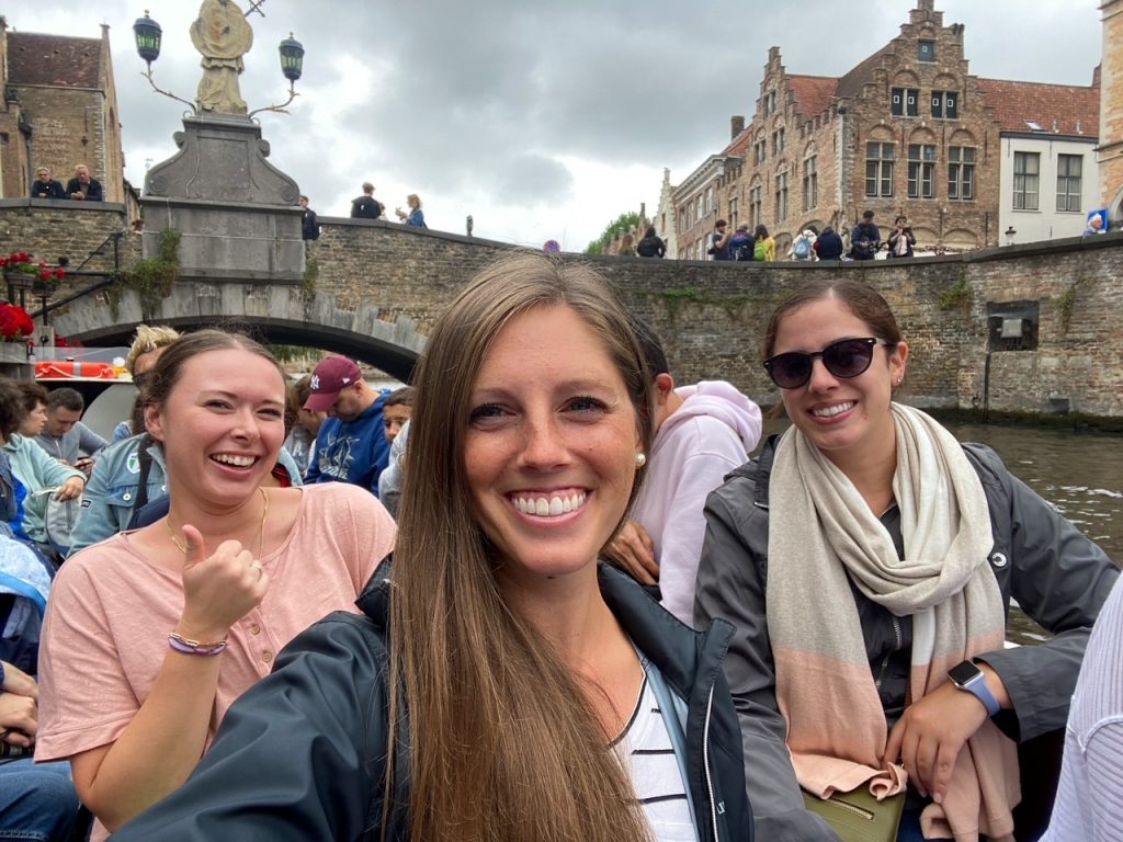 Kelsey, Sara & Stephanie on a Bruges canal cruise