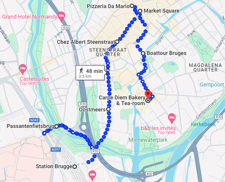 Map of our one day in Bruges Belgium