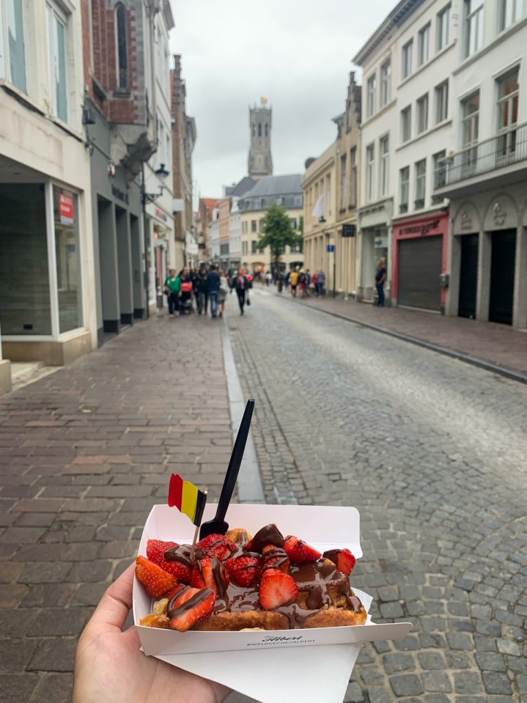 a Belgian waffle from Chez Albert in Bruges Belgium