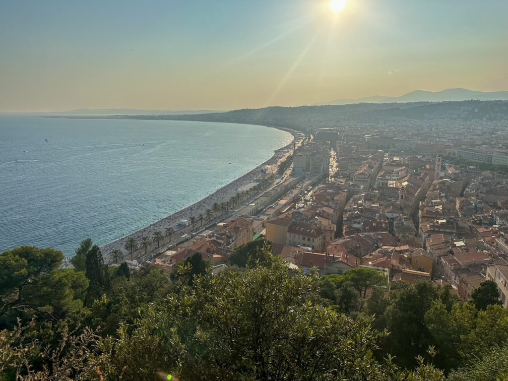 a gorgeous view of La Promenade des Anglais from Castle Hill in Nice, France