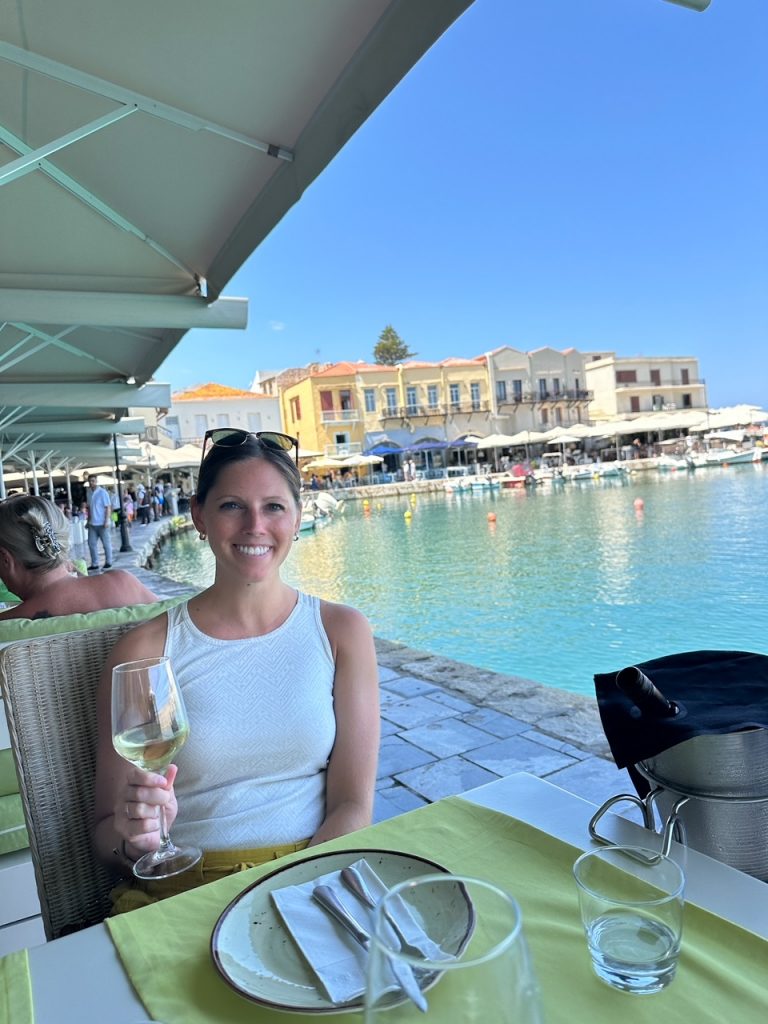 Sara at lunch at Remezzo Seafood Restaurant in Rethymnon