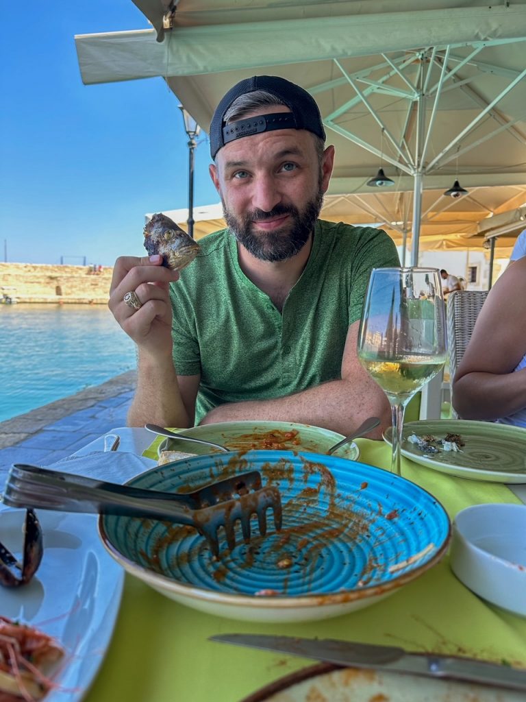 Tim at lunch at Remezzo Seafood Restaurant in Rethymnon
