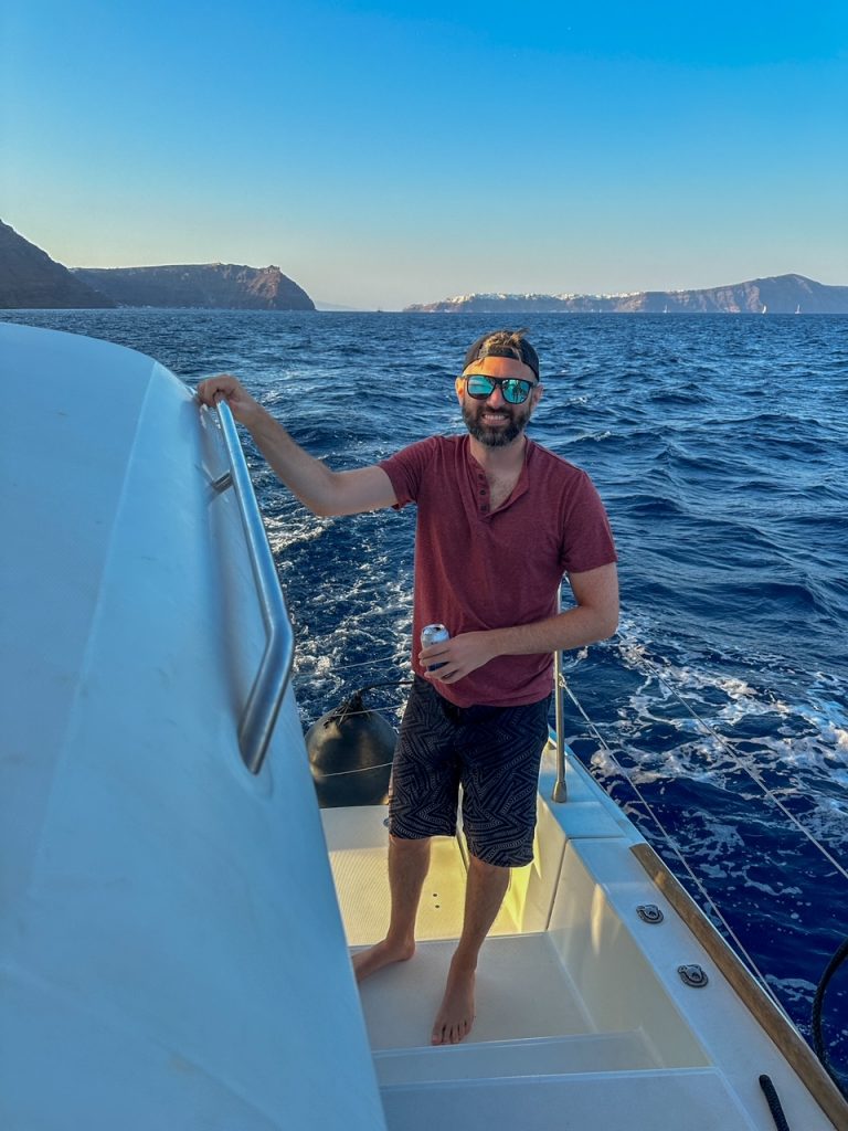 Tim on the Santorini catamaran cruise