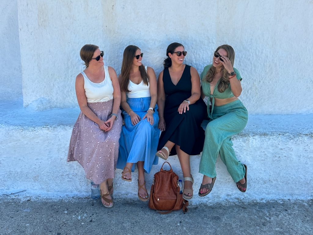 the girls posing in Santorini