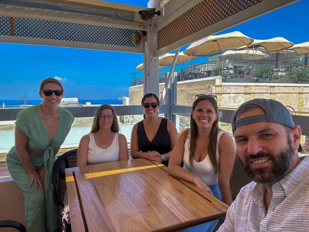 the group at Blue Domes Restaurant in Santorini