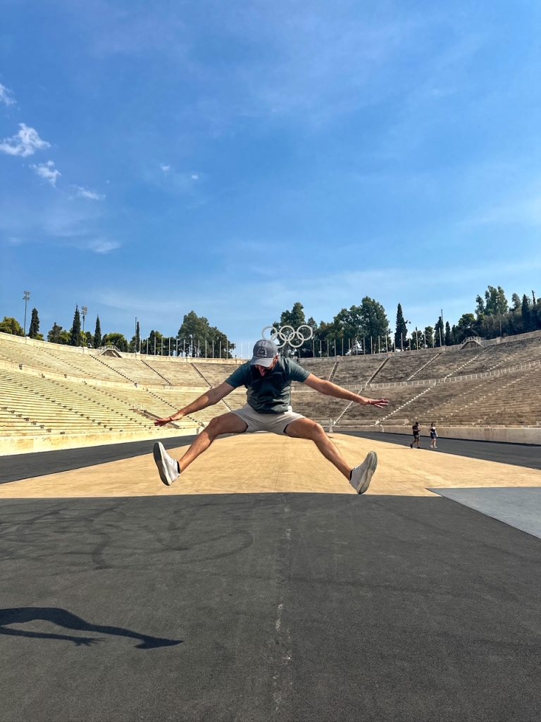 Tim jumping at the Panathenaic Stadium