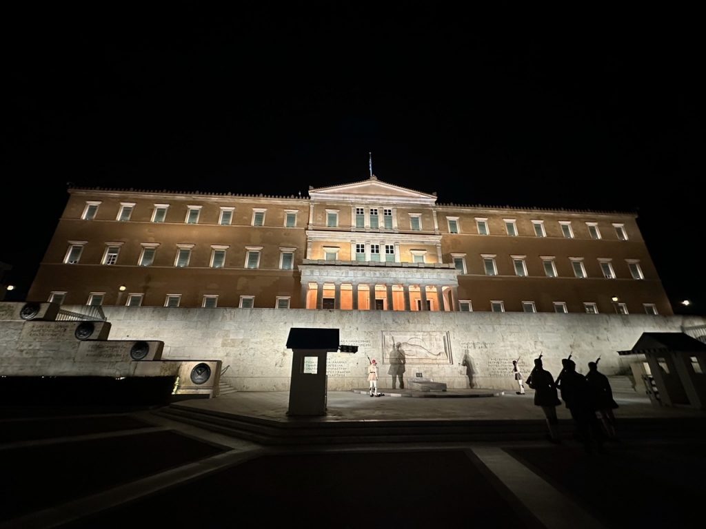 the Changing of the Guard at Syntagma Square at night