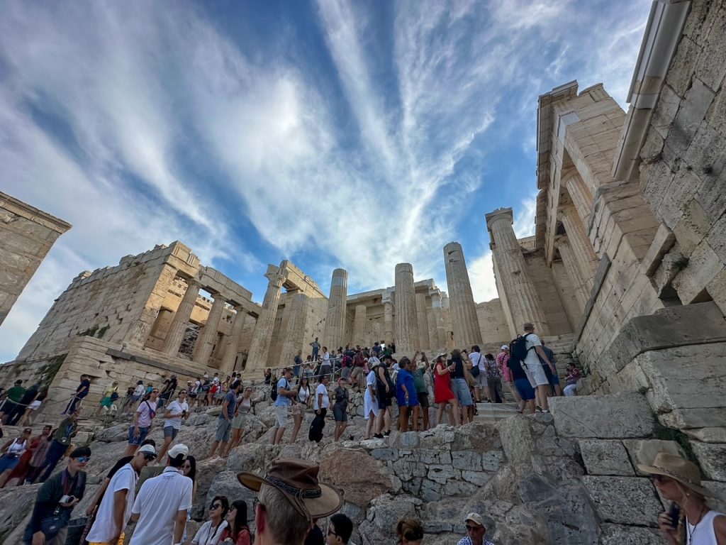 the Propylaea in Athens filled with tourists