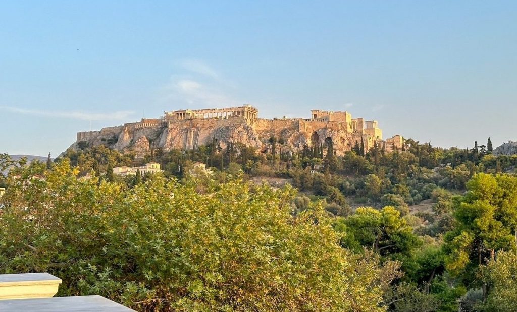 the epic view of the Acropolis from the rooftop at Kuzina