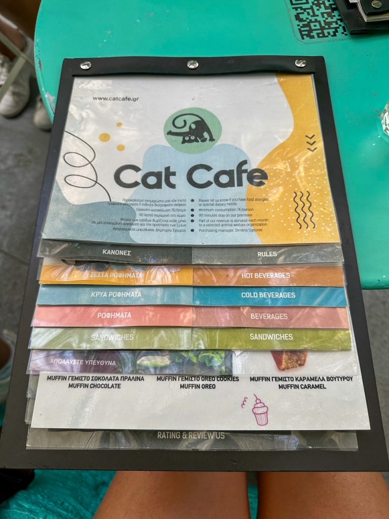 the menu at the Cat Cafe Athens