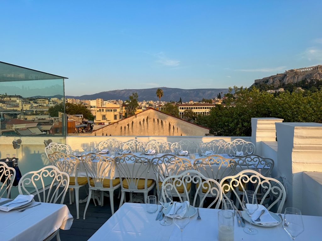 the view from the rooftop at Kuzina, a popular Athens restaurant