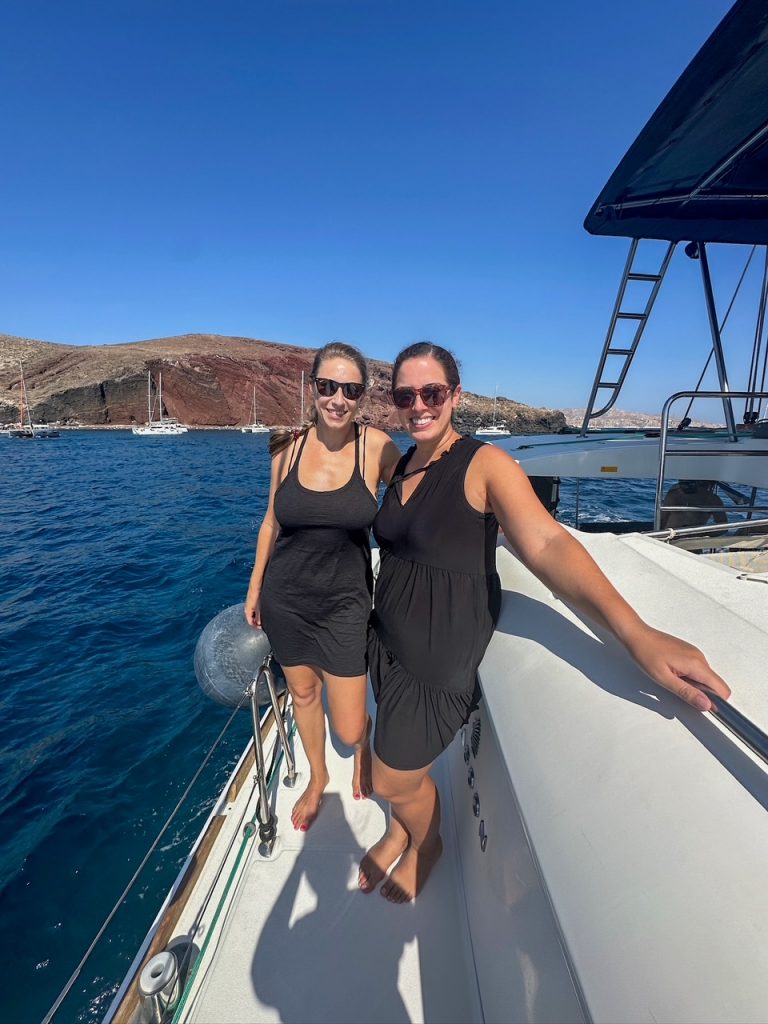 Kristen and Stephanie on our Santorini catamaran cruise