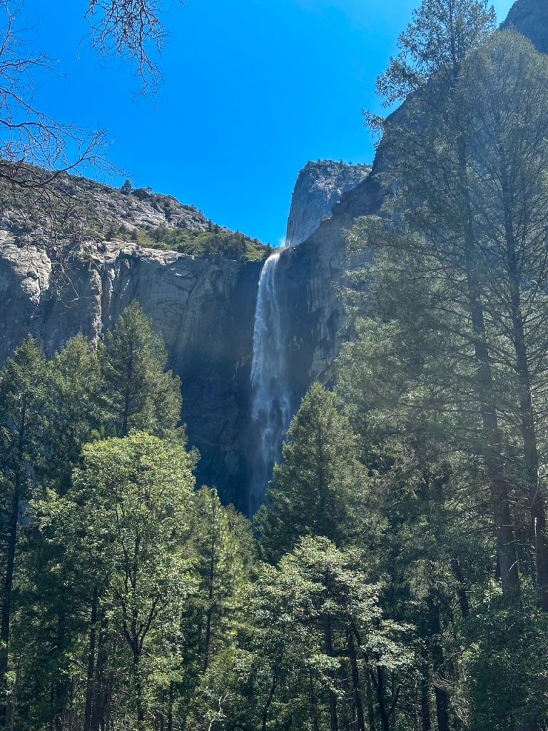 Bridalveil Fall photographed from the parking lot during harsh midday lighting at Yosemite National Park