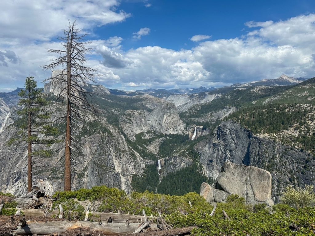 Half Dome and the waterfalls along the Panorama Trail in Yosemite
