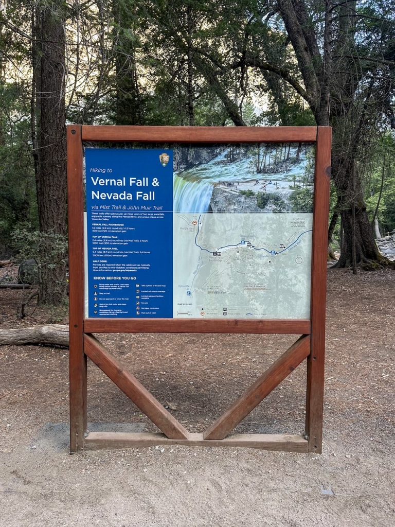Mist Trail trailhead sign at Yosemite National Park - where we started the most epic hike in Yosemite