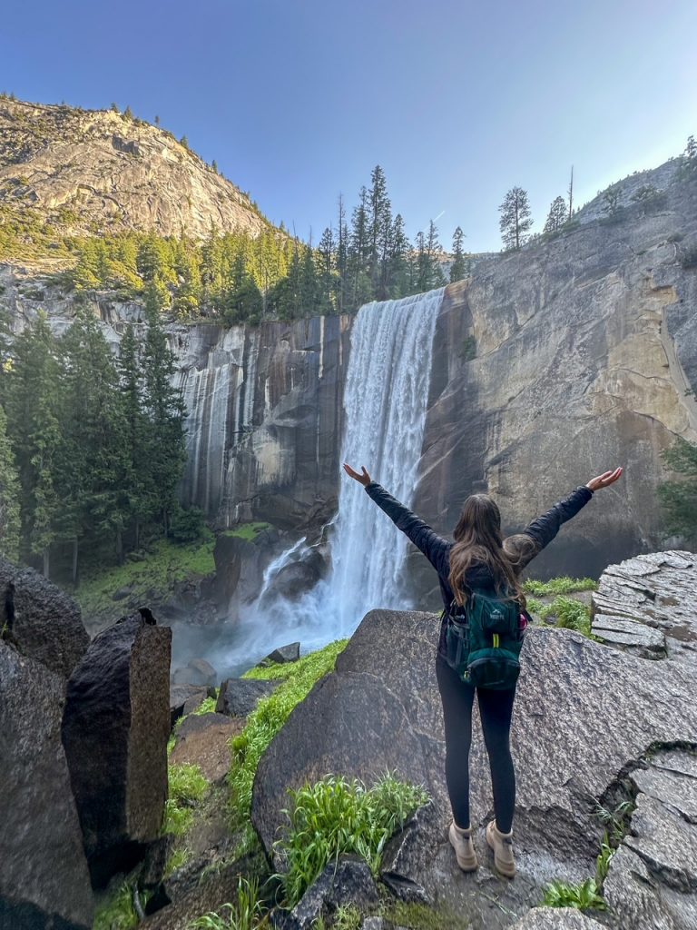 Sara admiring Vernal Fall at one of the viewpoints along the Mist Trail in Yosemite
