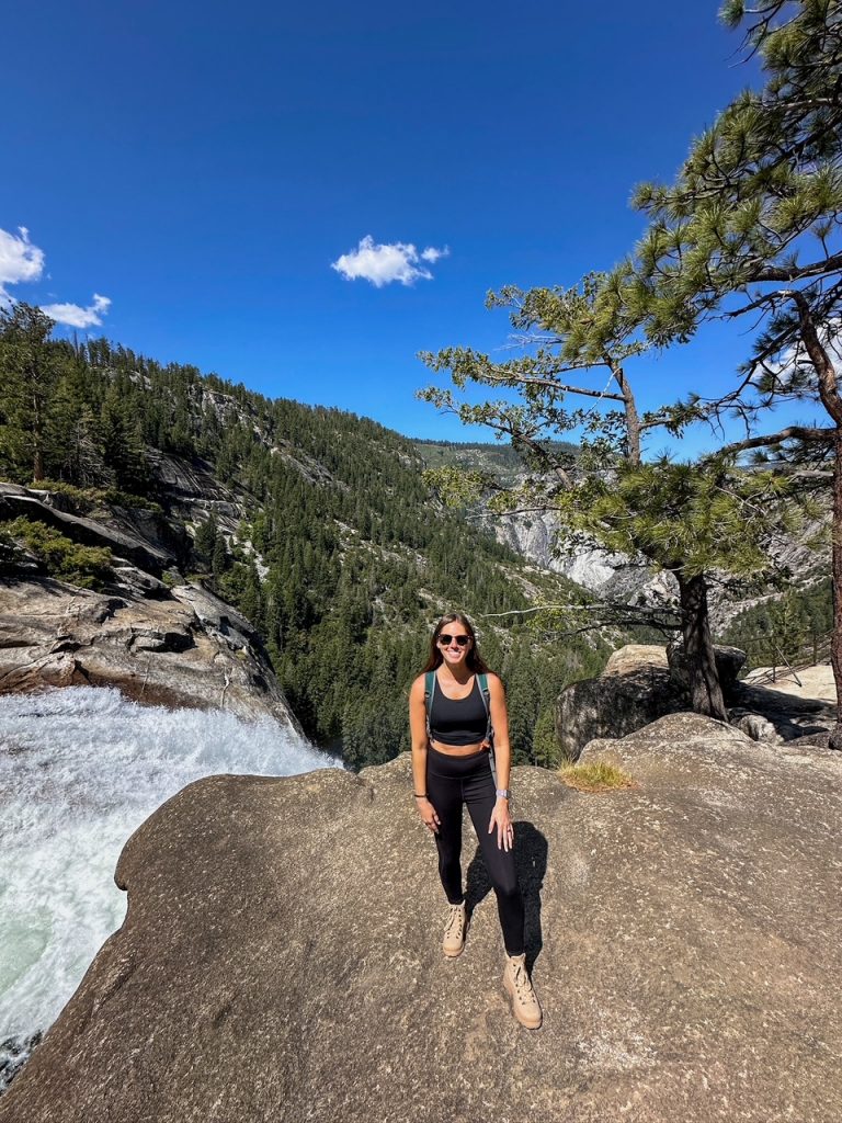Sara at the top of Nevada Fall, one of the stops along the best hike in Yosemite National Park