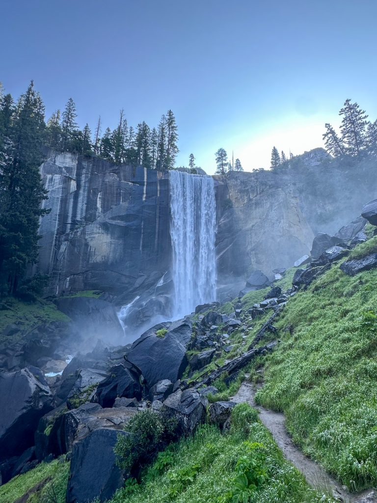 Vernal Fall as seen from the initial climb up the steep granite stairs along the Mist Trail in Yosemite
